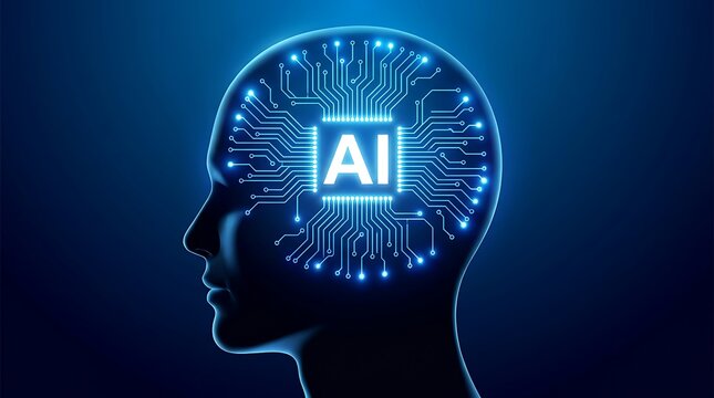 Silhouette of human head with glowing ai circuit brain