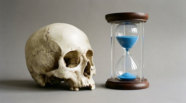 Skull and blue sand hourglass time