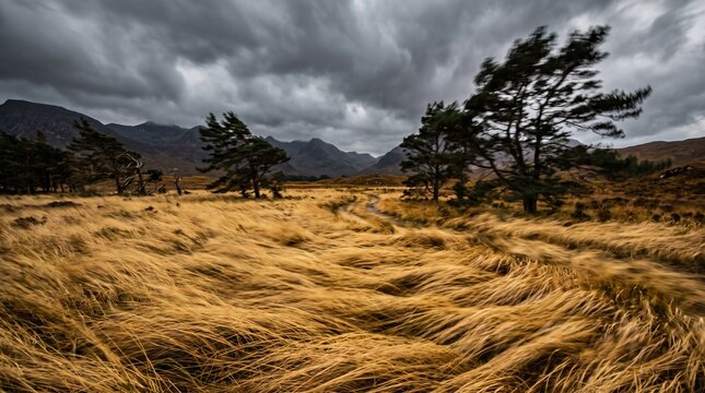 Windswept Golden Grass Moorland Under Dramatic Stormy Sky