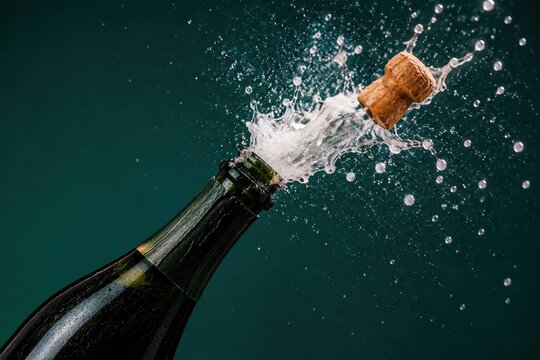 Cork flying from a sparkling wine bottle with spray at a celebration