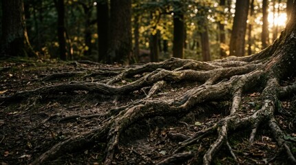Obraz premium Large tree roots sprawling across dark forest floor at sunset