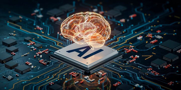 Artificial intelligence brain hologram floating above a digital computer processor chip
