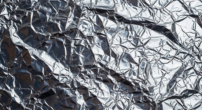 Shiny crumpled aluminum foil background texture with abstract reflections and highlights