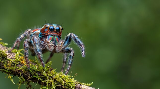 Colorful Jumping Spider on Mossy Branch in Nature