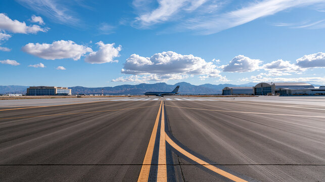 Modern military air base with runways and hangars under open sky wide daylight aviation infrastructure concept engineering outdoor with copy space