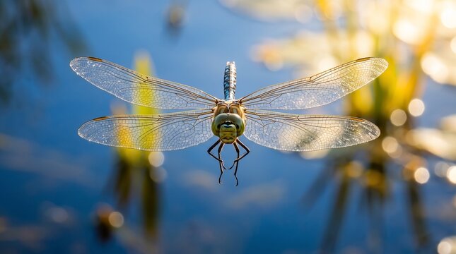 Dragonfly Hovering in Flight Over Water in Summer