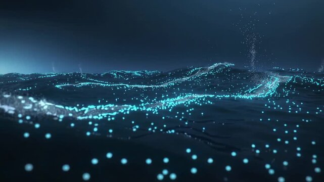 Pulsing luminescent ocean surface sending particle lanes across night sea, turquoise points