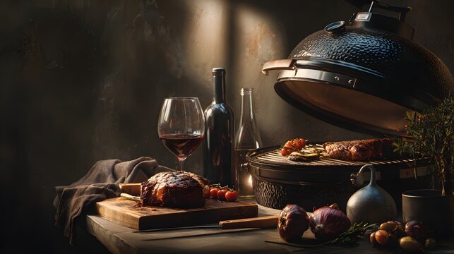 Steak and vegetables cooking on a grill beside a stemmed glass in warm evening light, perfect for restaurant ad, food blog