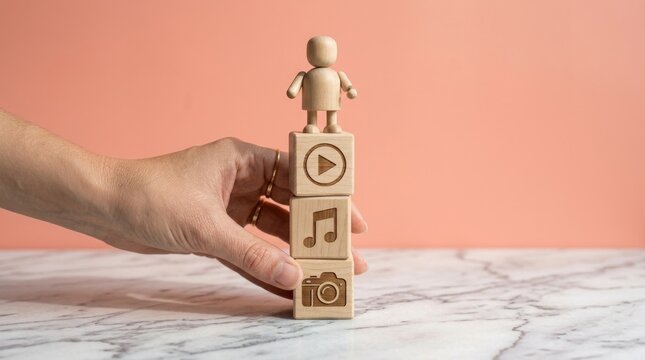 A hand stacking wooden blocks with media icons and a figure on top