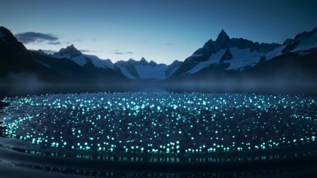 Forming turquoise particles rising from glowing ring, creating column and plane above glacial lake
