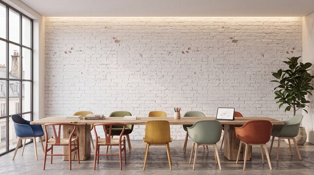 Modern Creative Office Meeting Room Interior with Brick Wall