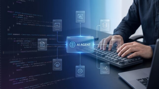 Person typing on keyboard with AI agent interface overlay