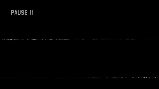 Pause vhs grainy black screen with white text overlay and vintage noise suitable. Vintage vhs pause screen overlay with analog distortion grain