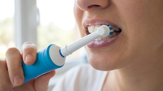 Person brushing teeth with electric toothbrush oral hygiene