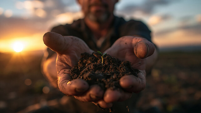 Farmer Holding Young Seedling and Soil in Hands at Sunset