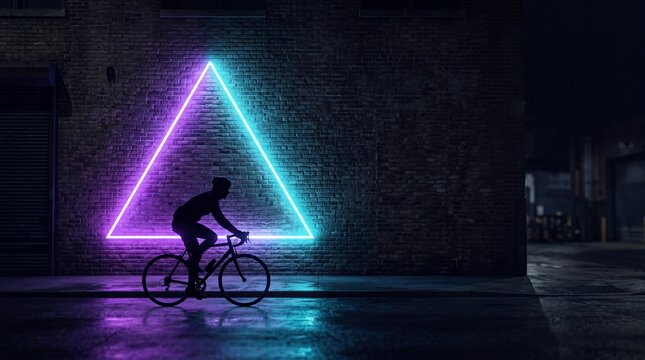 Cyclist Riding Bicycle Past Glowing Neon Triangle at Night