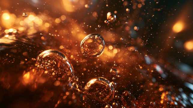 Golden Amber Liquid Splash with Sparkling Effervescent Bubbles