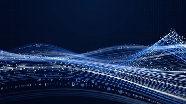 Abstract Digital Data Wave with Binary Code and Formulas