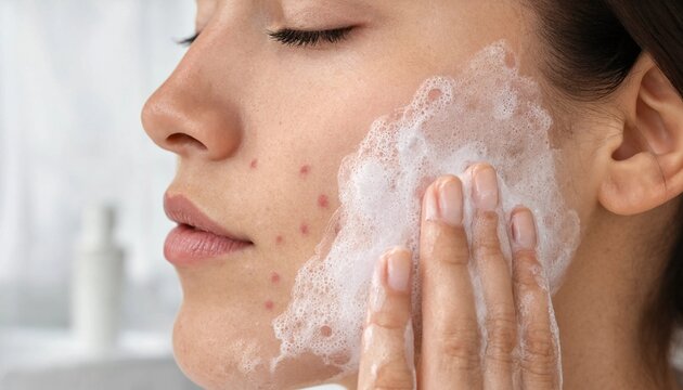Young woman with acne prone skin applying gentle facial cleansing foam