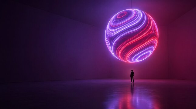Visitor Admiring Glowing Spherical Art Installation in Gallery