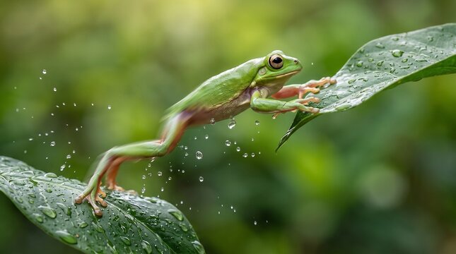 Green Tree Frog Jumping Between Leaves with Water Splash