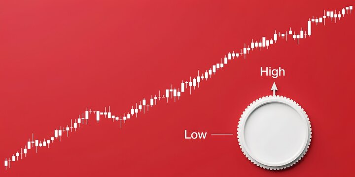 Rising growth graph with a control knob set to high on a red background