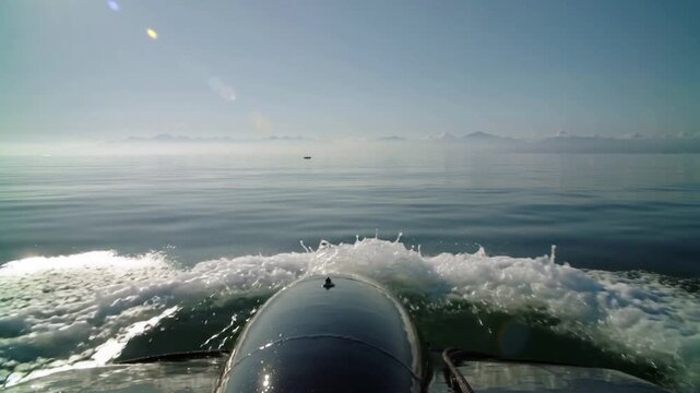 Accelerating hull and twin floats after throttle increase, throwing paired spray fans on calm sea