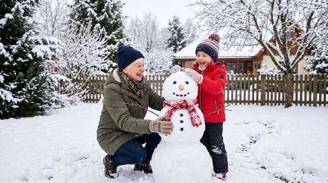 Grandmother and Grandchild Joyfully Building a Snowman Together in a Snowy Backyard