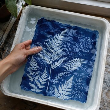 Hands rinsing cyanotype print with white fern silhouettes