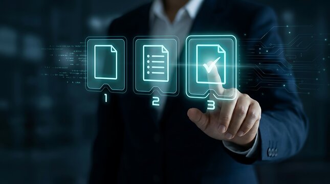 Hand touching virtual document on digital interface