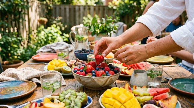 Outdoor Summer Garden Party With Fresh Fruit Platter And Refreshing Drinks