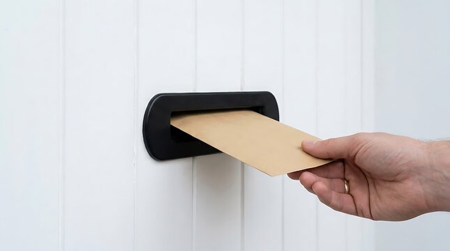 Hand inserting envelope into mailbox slot white wall