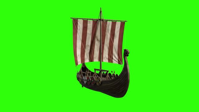 A wooden Viking longship featuring a striped sail and carved dragon prow on a chroma key green background. Designed for easy compositing and video editing in historical or fantasy productions.