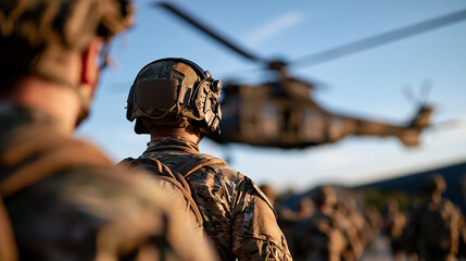 Fototapeta premium Rear view of soldiers navigating military base as helicopter flies overhead during tense operation cropped composition aviation logistics concept teamwork outdoor with copy
