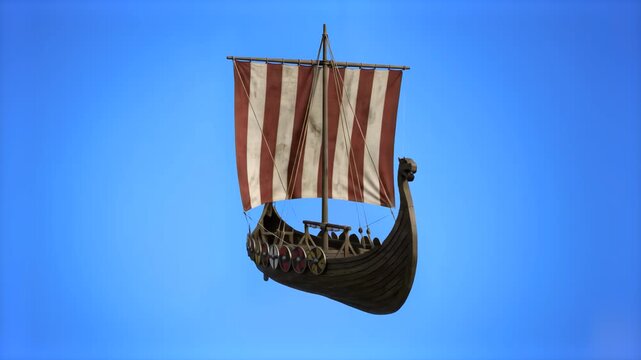 A detailed 3D render of a wooden Viking longship with a red and white striped sail set against a clear blue sky background. Ideal for historical, nautical, and adventure motion design projects.