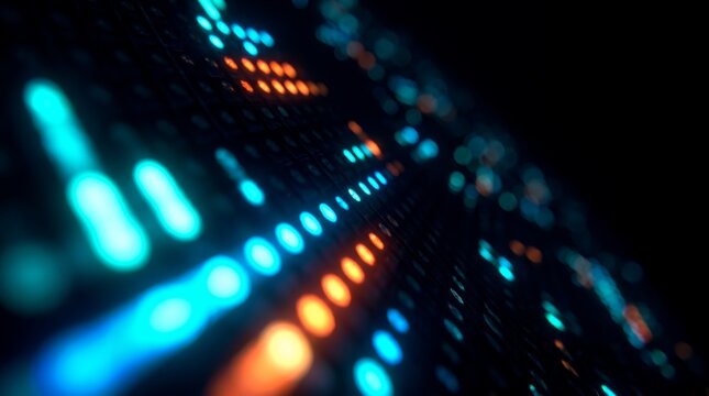 Abstract glowing digital lights background showcasing futuristic cyber interface, illuminated LED dots and neon equalizer patterns, concept for data visualization and high tech innovation