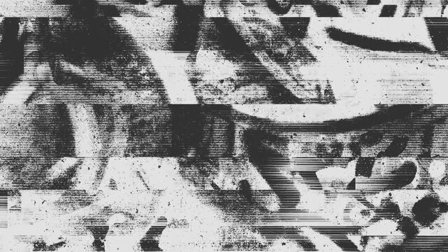 Abstract black and white graffiti glitch background with blocky horizontal displacement and gritty scanline distortion flickering on a seamless loop. Suits a brutalist branding campaign and poster.