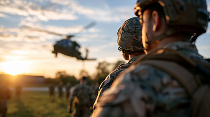 Fototapeta premium Rear view of soldiers navigating military base as helicopter flies overhead during tense operation cropped composition aviation logistics concept teamwork outdoor with copy