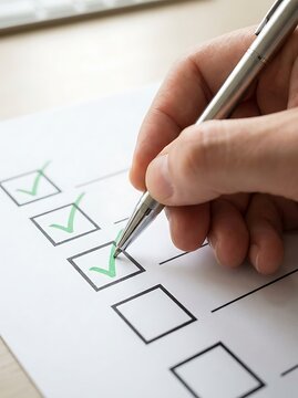 Hand checking green checklist boxes with pen checkmark