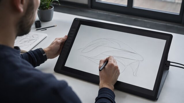 Designer sketching on graphics tablet with stylus creative work