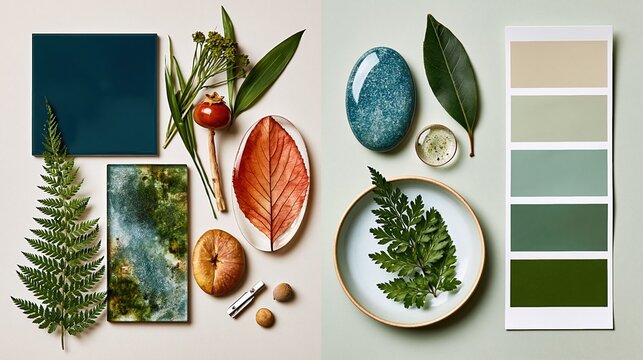 Nature inspired color palette and mood board with natural elements for design inspiration
