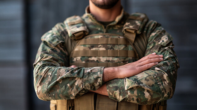 Cropped focused soldier in camouflage uniform and tactical vest with military base in background readiness concept discipline professional outdoor with copy space
