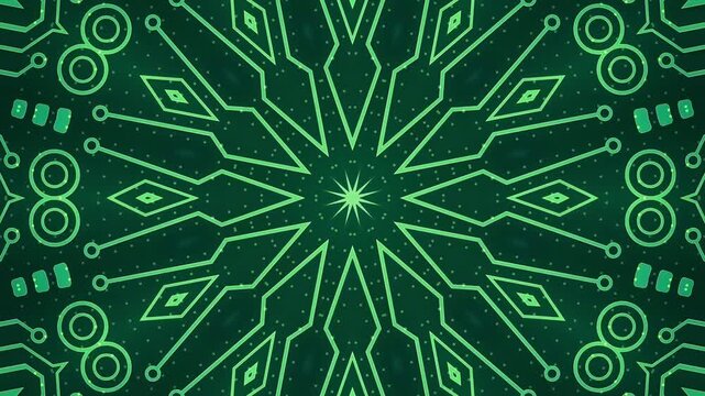 Emerald green futuristic circuit kaleidoscope pattern looping video background abstract digital technology motion graphic backdrop element for media edit