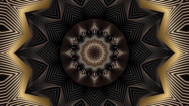 Dark bronze and metallic mandala kaleidoscope pattern background video loop abstract intricate copper radial motion graphic design element backdrop