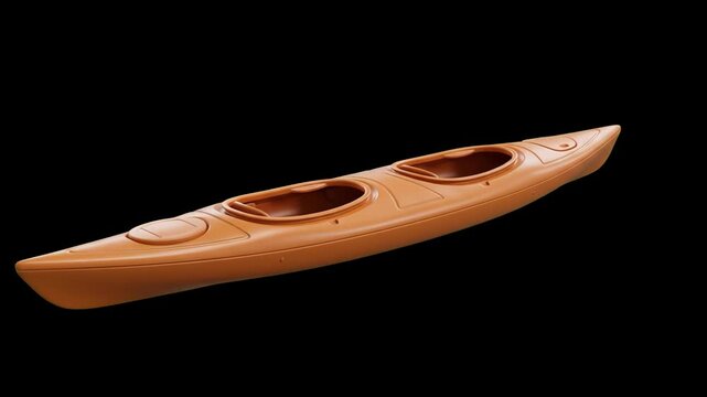 3D model of an orange tandem two-seater kayak boat isolated over a dark black background. Perfect for water sports advertising, kayaking equipment promos, outdoor activity clips, vessel product displa