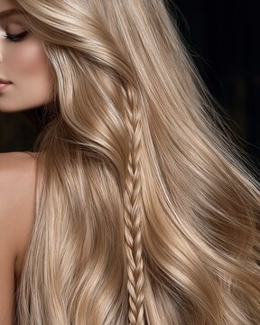 Close-up of a woman's long blonde hair styled with a subtle braid, highlighting healthy shine and texture