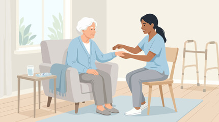Obraz premium Caring nurse assists elderly woman with gentle touch
