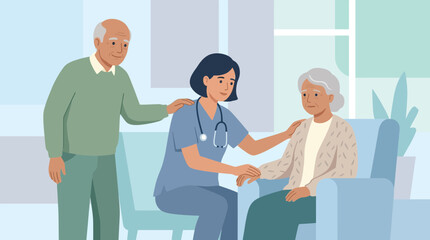 Obraz premium Caring Nurse with Elderly Couple, Support and Companionship in Later Life
