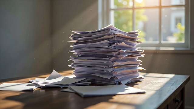 Stack of paperwork on wooden desk with sunlight in office workspace