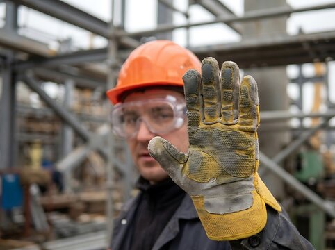 Construction worker in safety gear holding up gloved hand